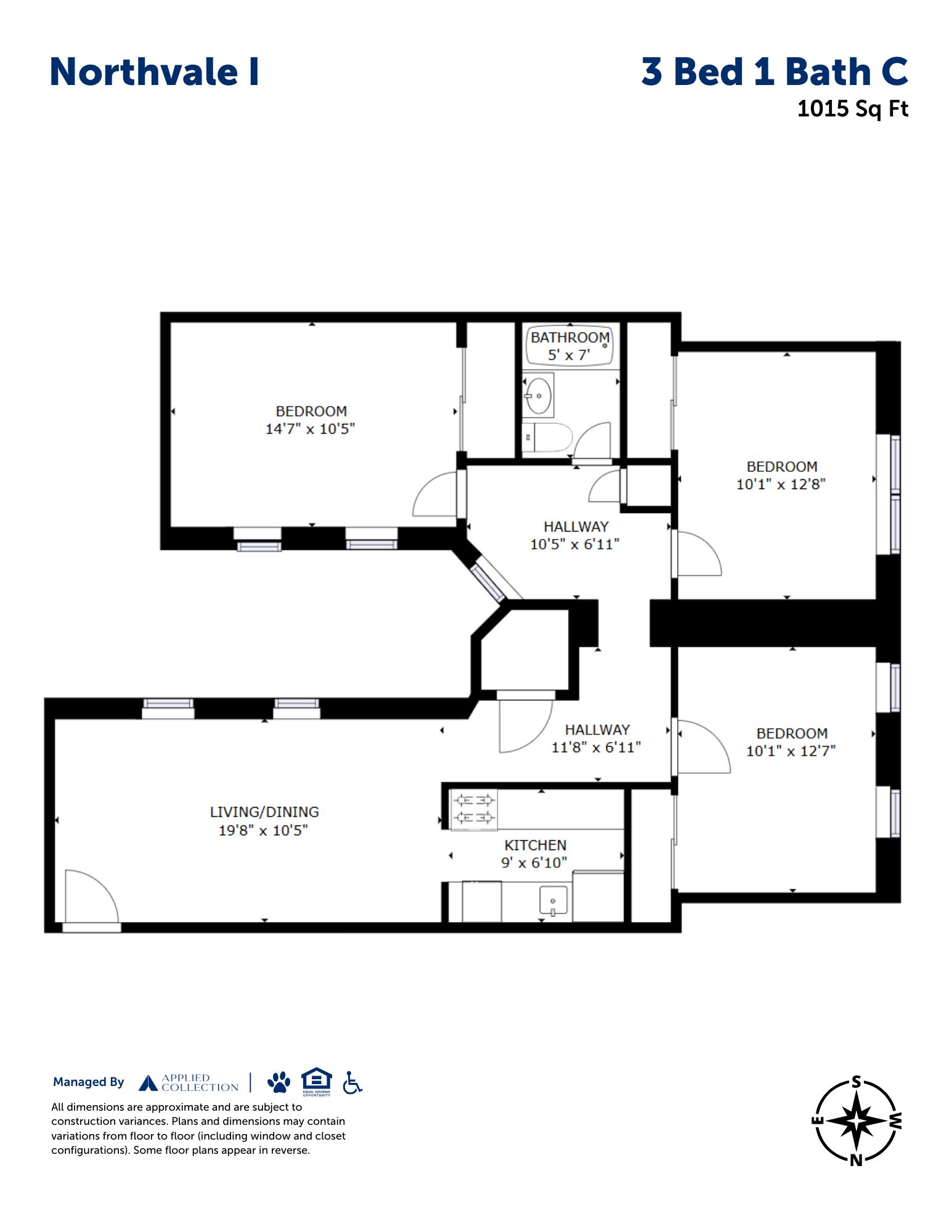 Floor plan for 3 beds, 1 bath, 1015 sqft